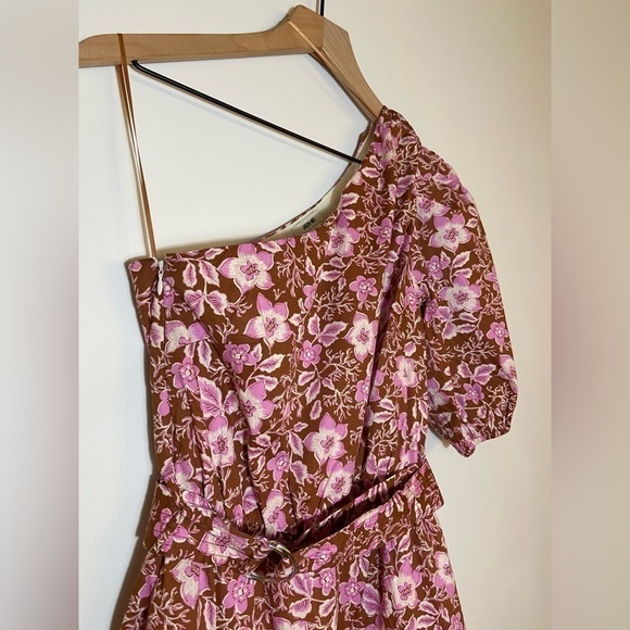 NEW Jason Wu One Shoulder Puff Sleeve Floral Belted Mini Dress Pink Tan Small - Picture 4 of 10